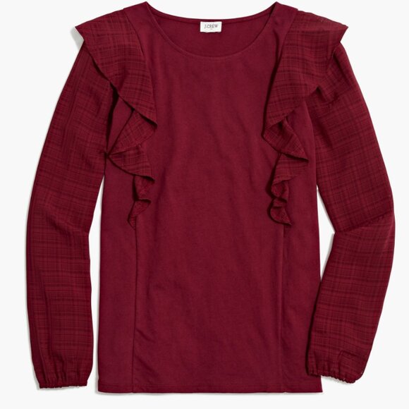 J. Crew Ruffle shoulder top with plaid jacquard sleeves red XS - Picture 1 of 8